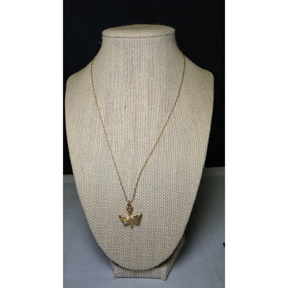 Vtg Gold Tone Pendant Necklace 2 Doves w Tiny Rhinestone 18